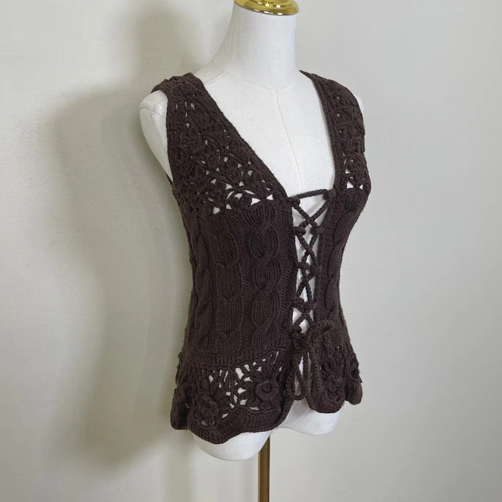 Vintage Nellik Crochet Lace Up Vest Women XS Brown Knit Floral Boho Festival Y2K